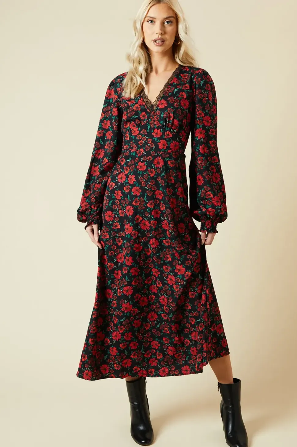 Tall Floral Lace Trim Midi Dress