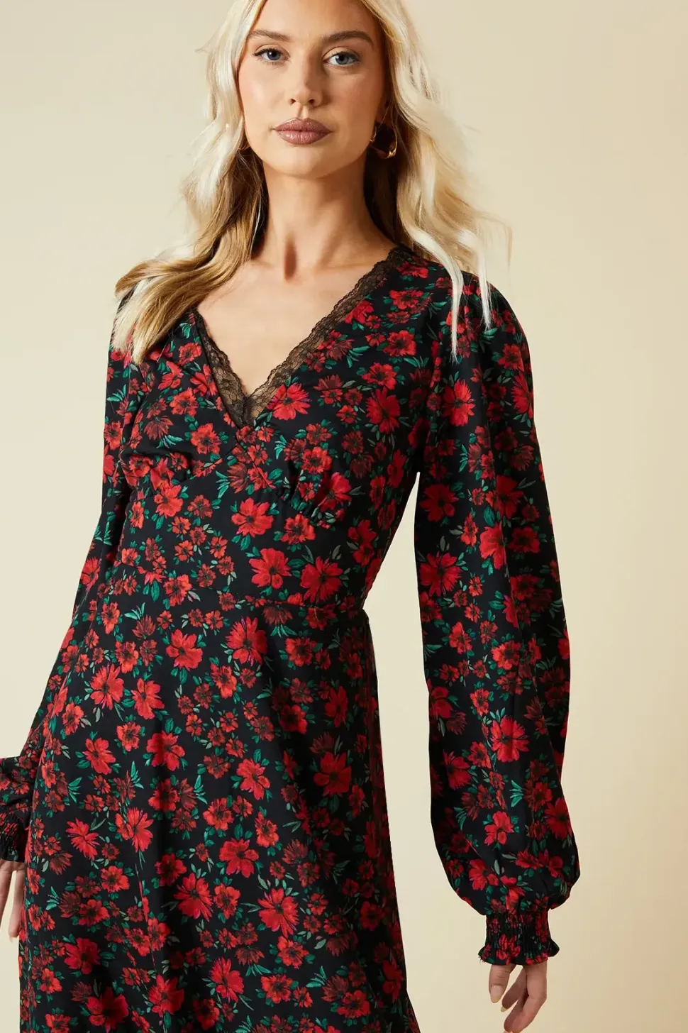 Tall Floral Lace Trim Midi Dress