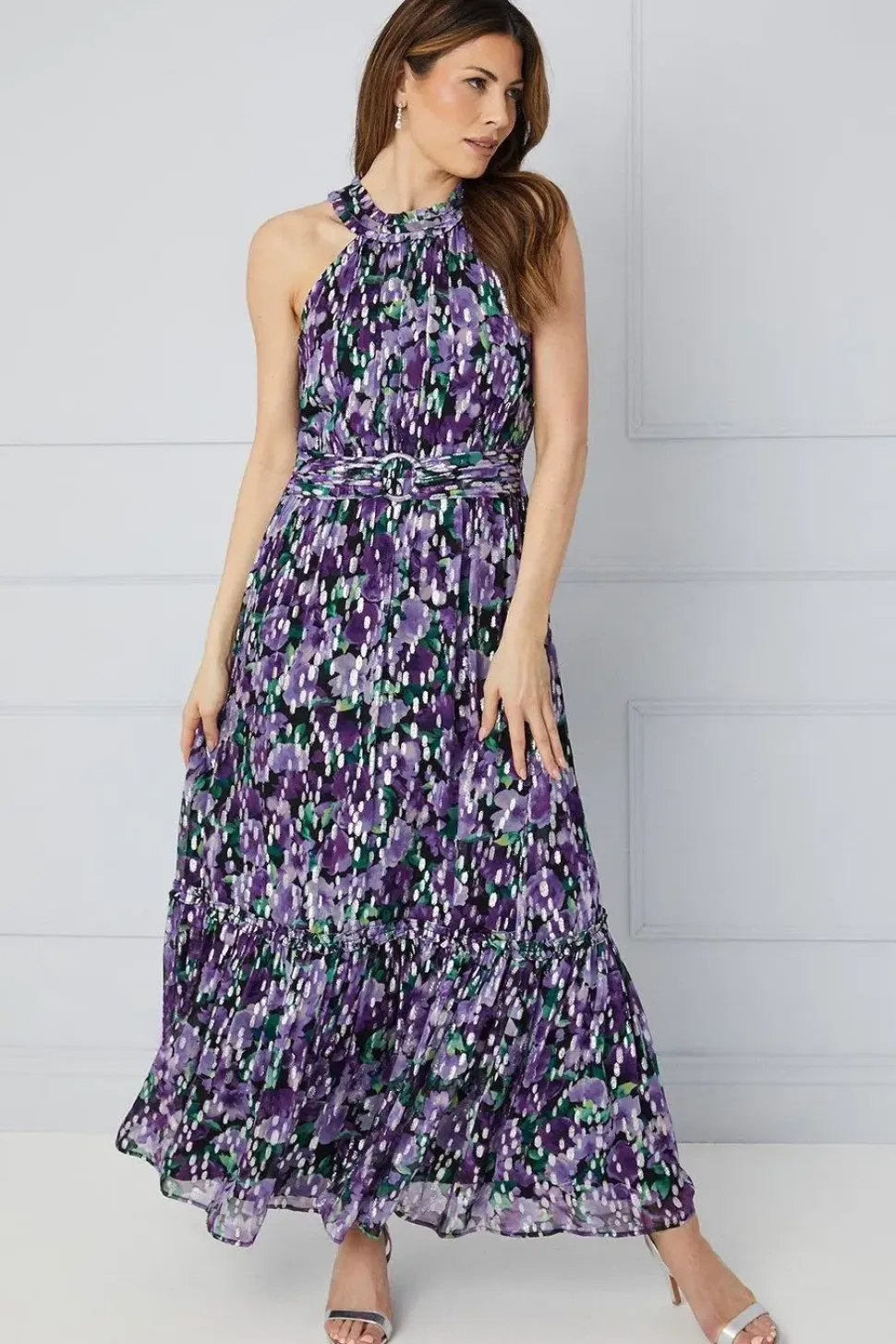 Tall Floral Metallic Ruffle Halterneck Midaxi Dress