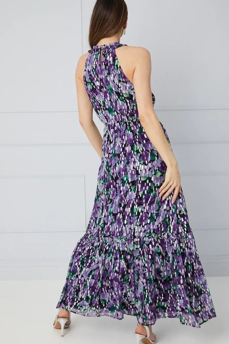 Tall Floral Metallic Ruffle Halterneck Midaxi Dress