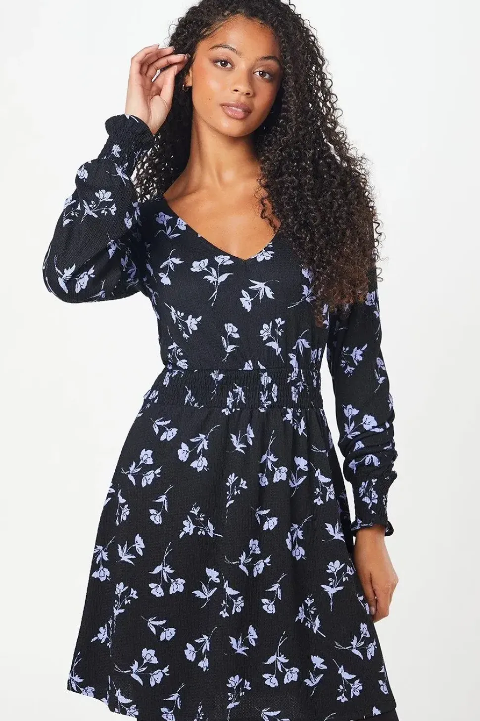 Tall Floral Shirred Waist V Neck Mini Dress