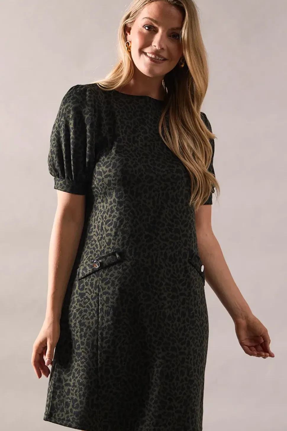 Tall Khaki Short Sleeve Jacquard Ponte Shift Dress