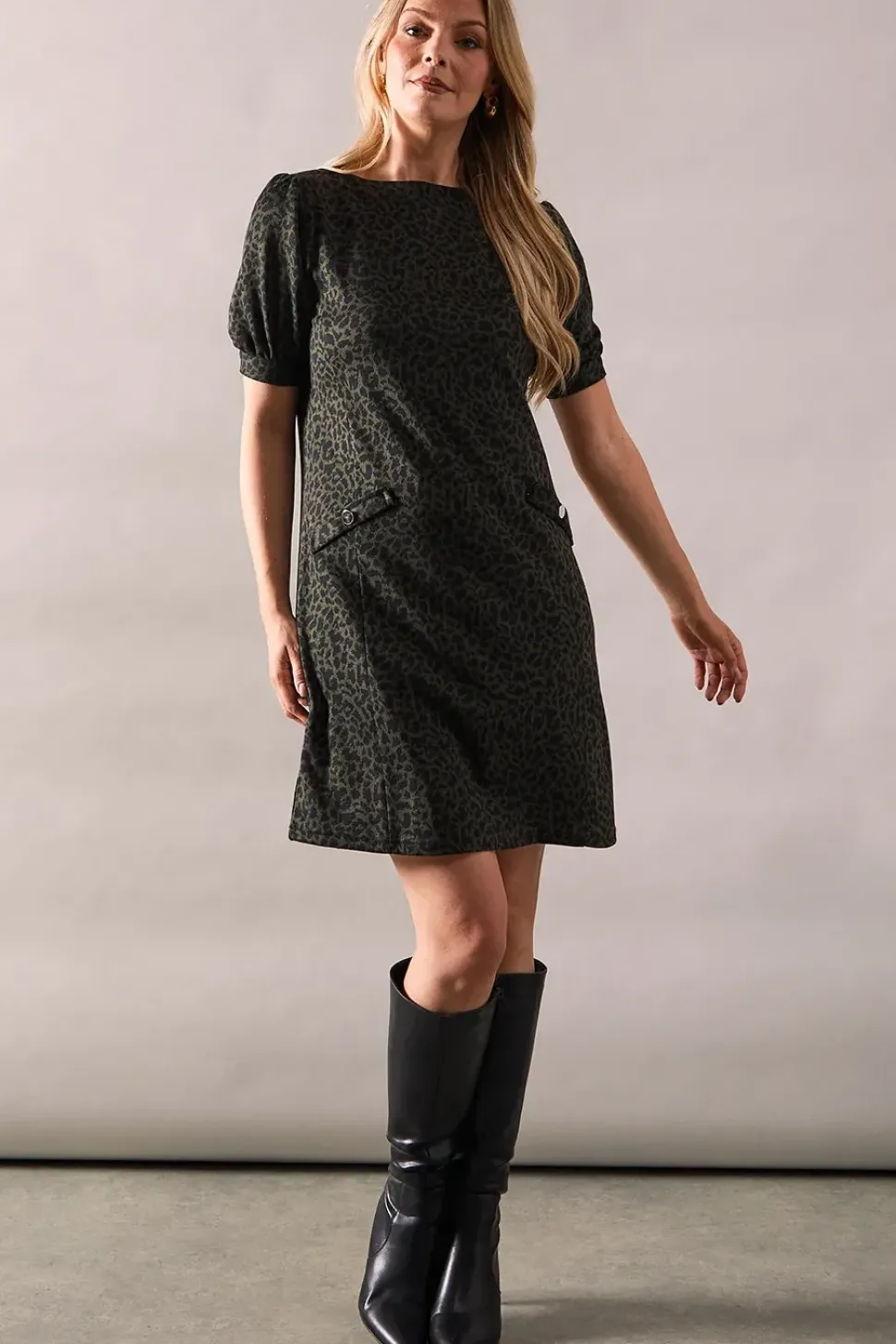 Tall Khaki Short Sleeve Jacquard Ponte Shift Dress