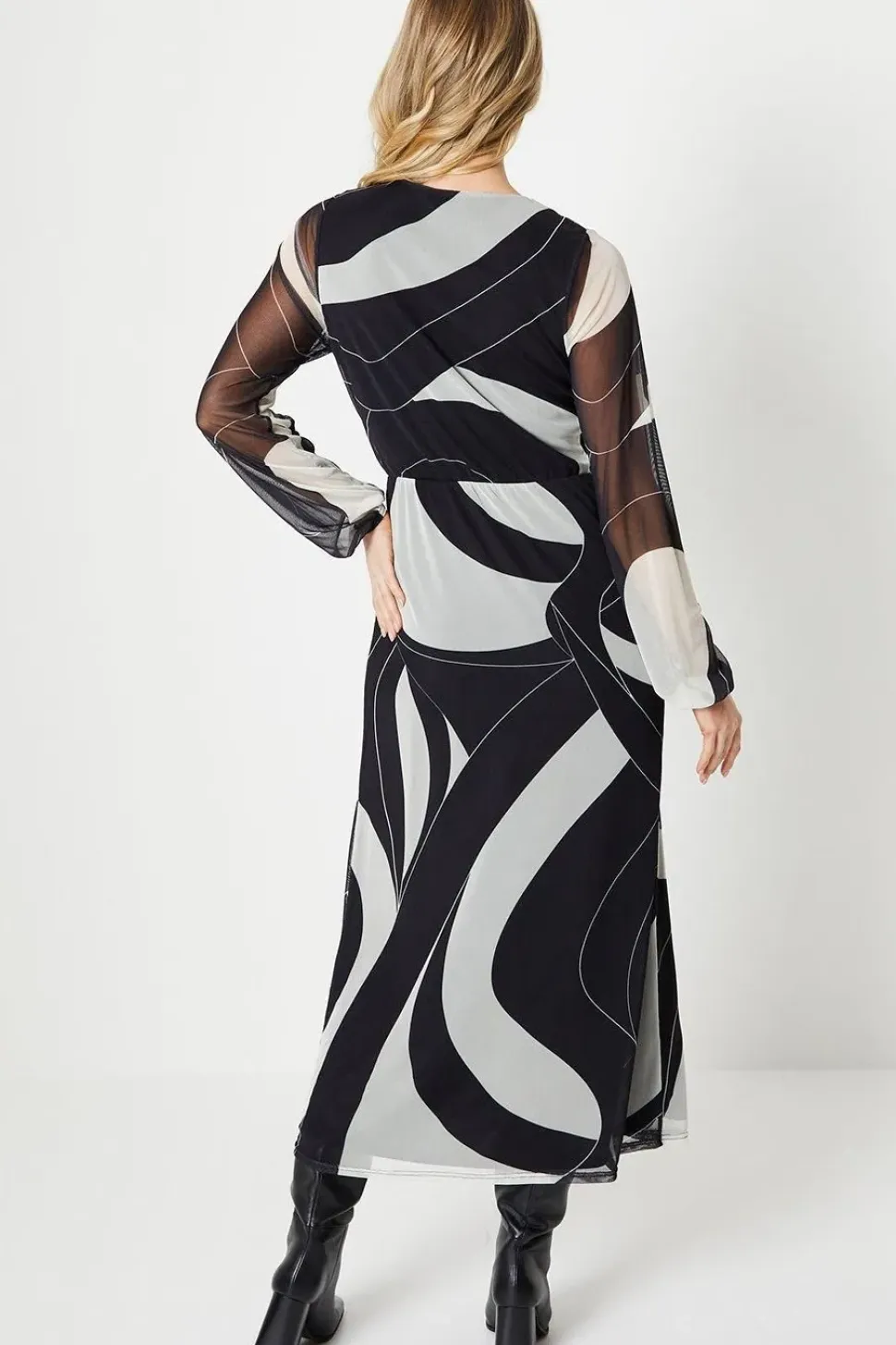 Tall Mono Geo Mesh Wrap Midi Dress