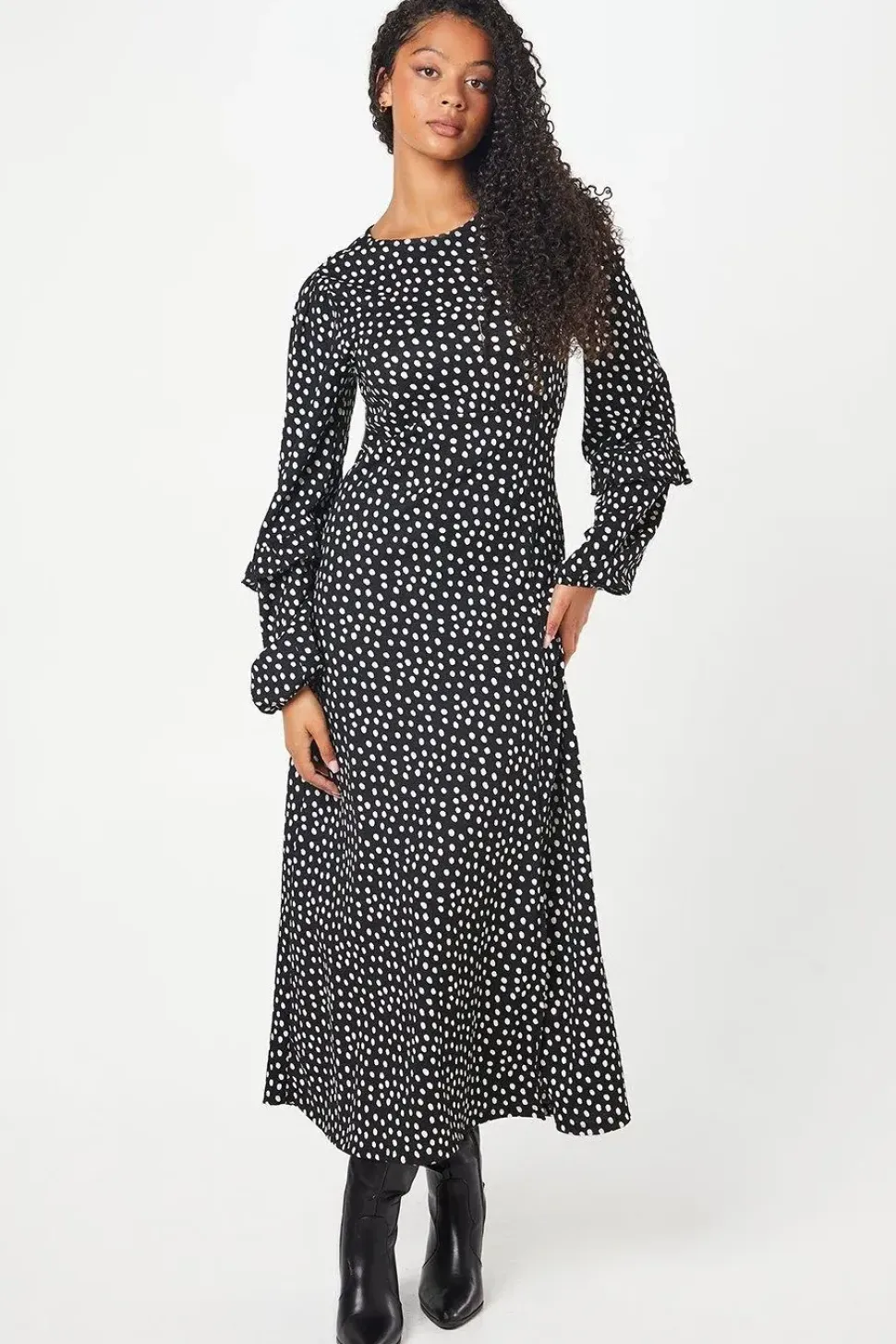 Tall Mono Spot Ruffle Sleeve Midi Dress