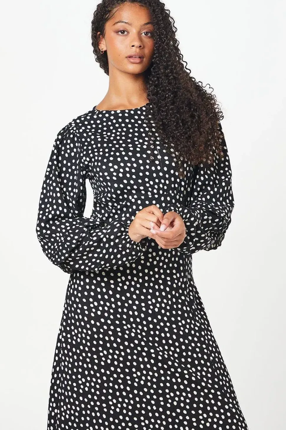 Tall Mono Spot Ruffle Sleeve Midi Dress