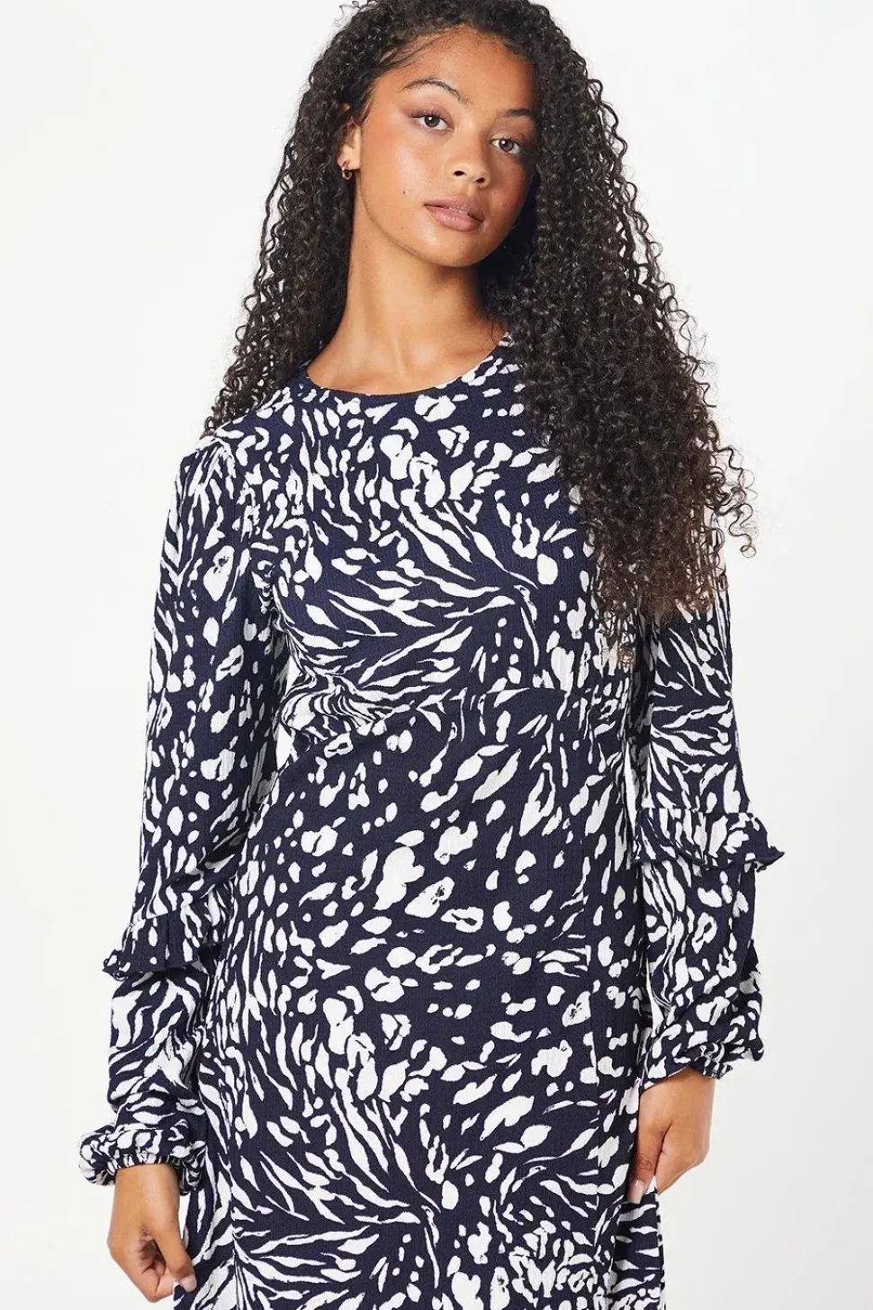Tall Navy Animal Ruffle Sleeve Midi Dress