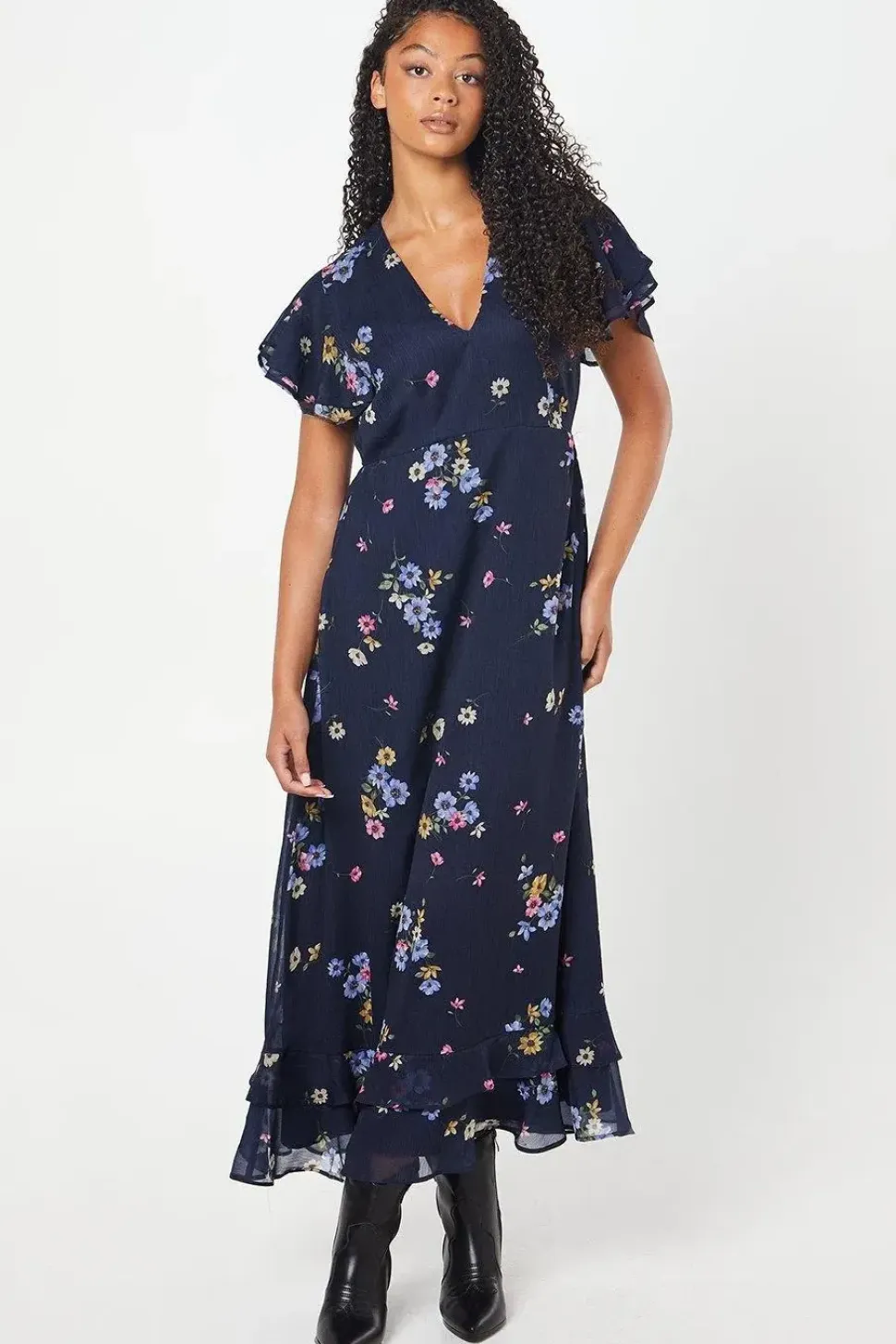 Tall Navy Floral Chiffon Ruffle Front Midi Dress
