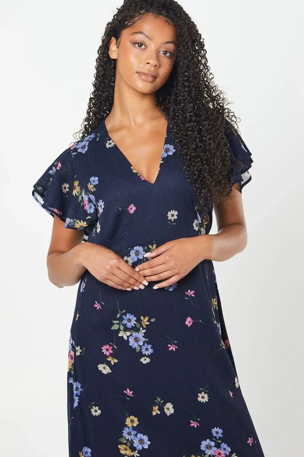Tall Navy Floral Chiffon Ruffle Front Midi Dress