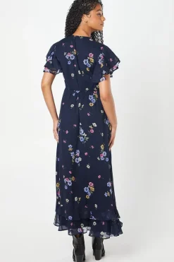 Tall Navy Floral Chiffon Ruffle Front Midi Dress