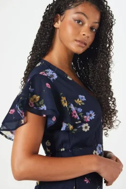 Tall Navy Floral Chiffon Ruffle Front Midi Dress