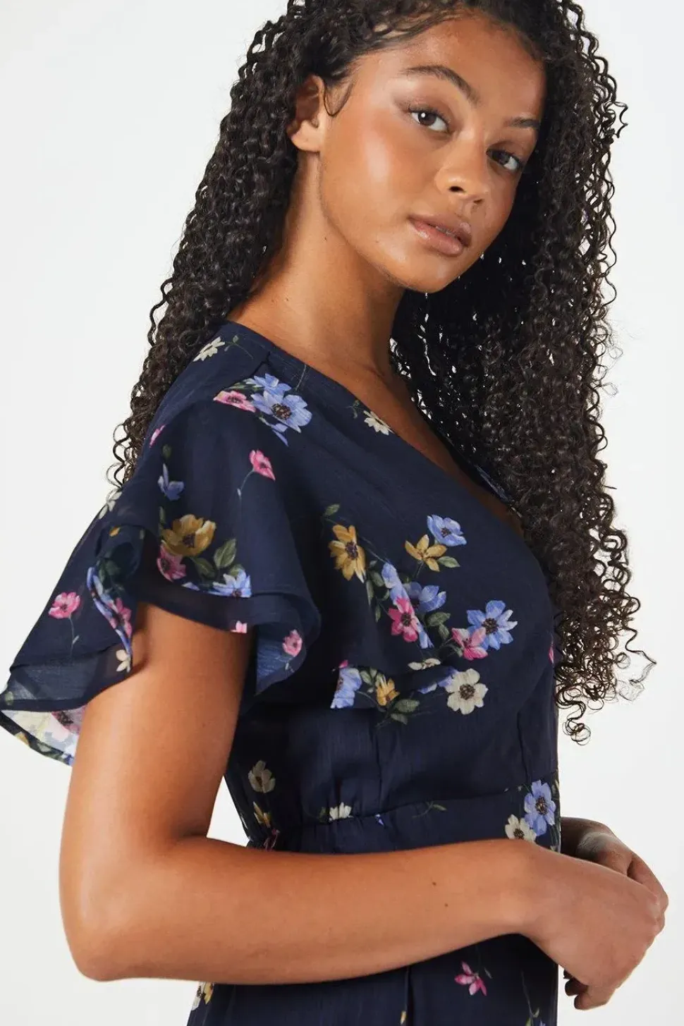 Tall Navy Floral Chiffon Ruffle Front Midi Dress