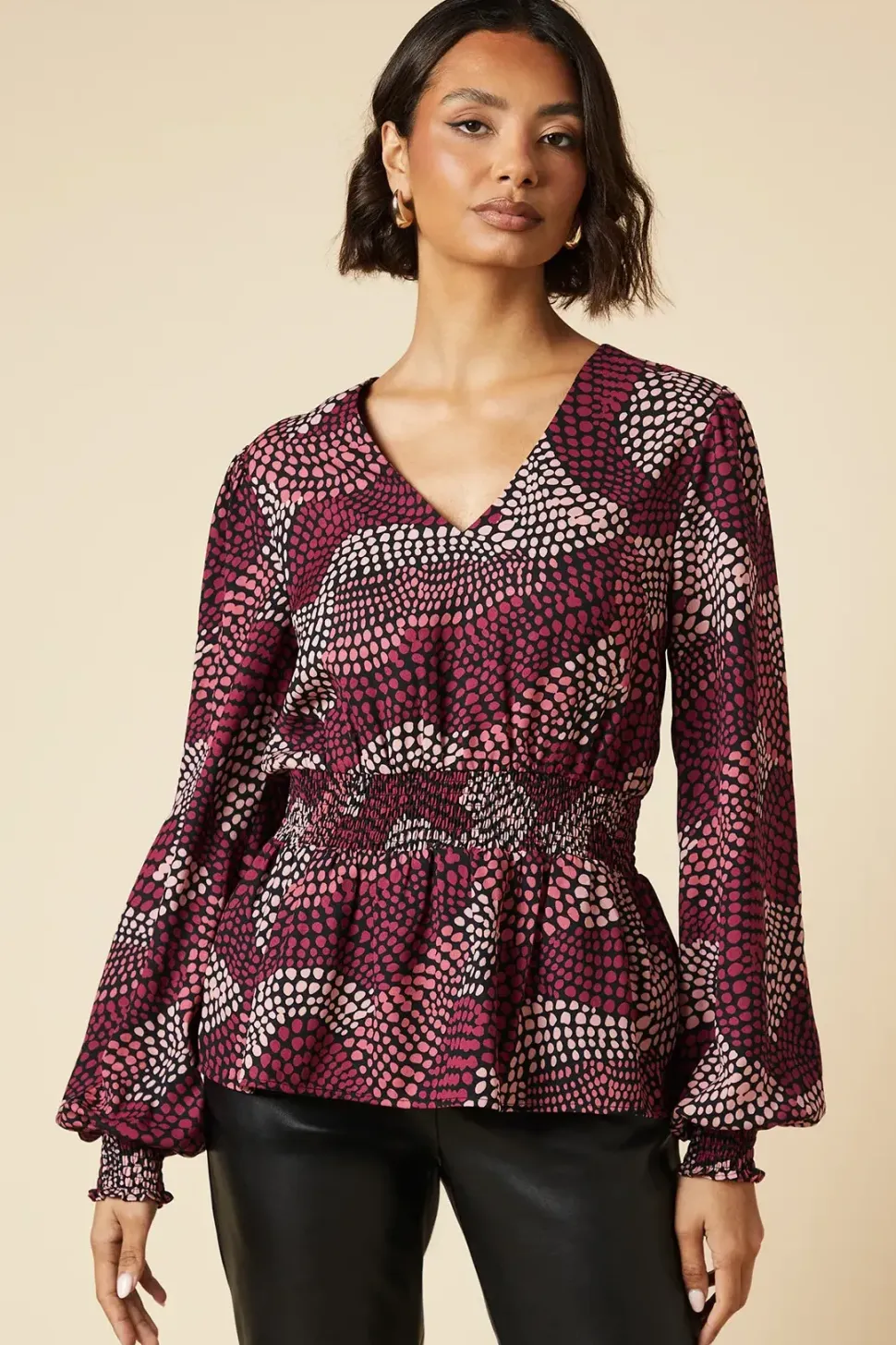 Tall Pink Spot V Neck Shirred Waist Blouse