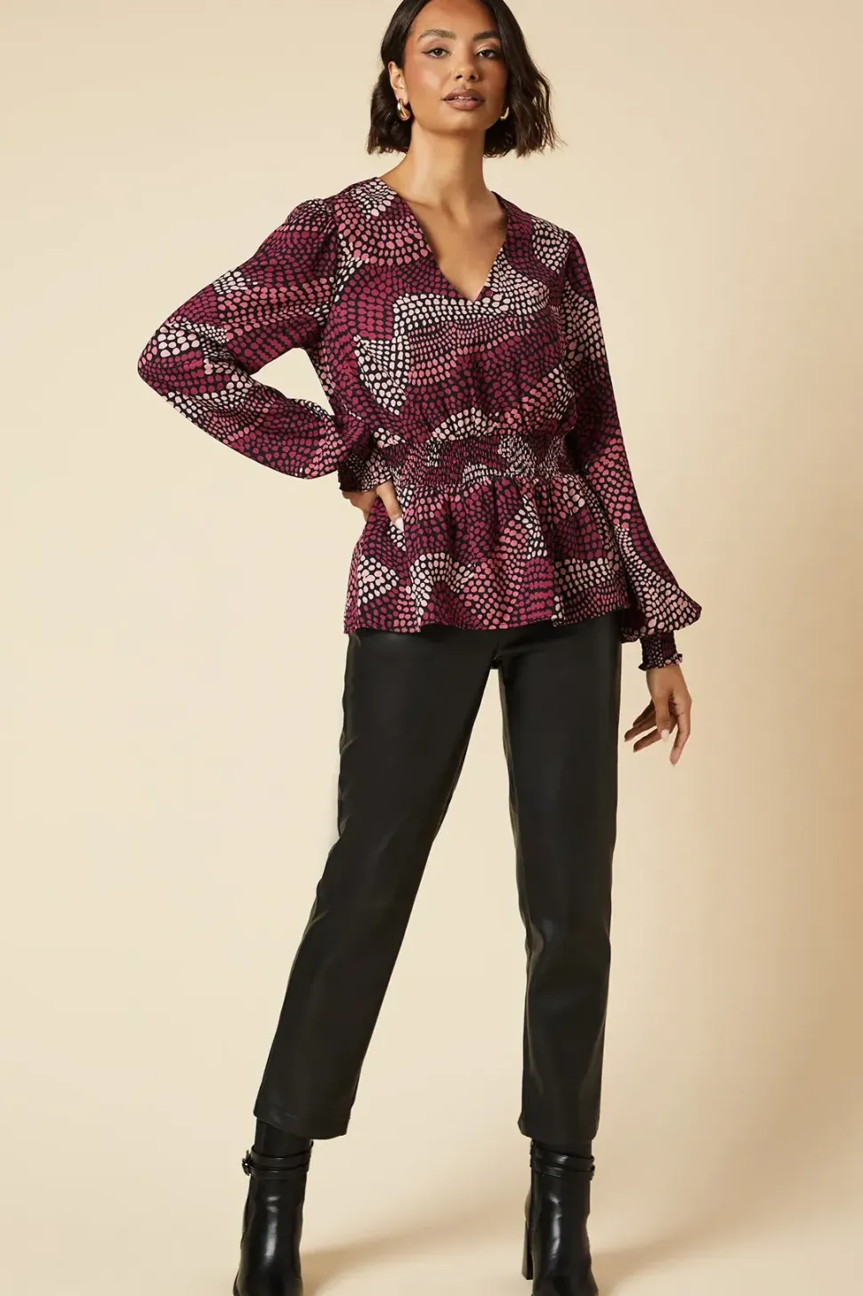Tall Pink Spot V Neck Shirred Waist Blouse