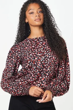 Tall Red Animal Shirred Hem Blouse