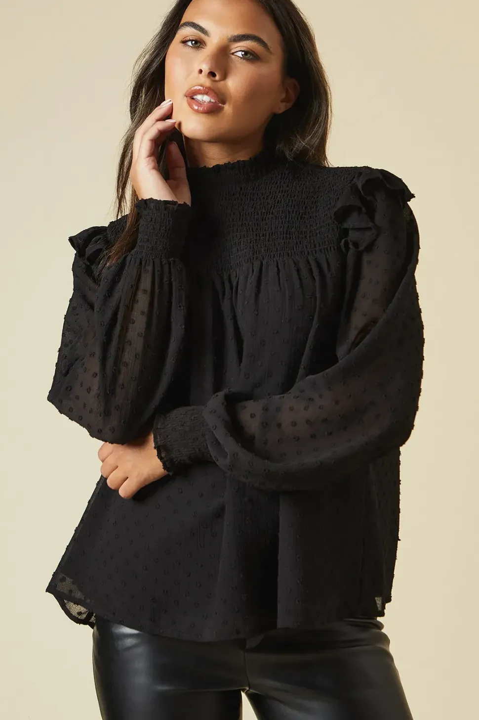 Tall Shirred Yoke Dobby Chiffon Long Sleeve Blouse