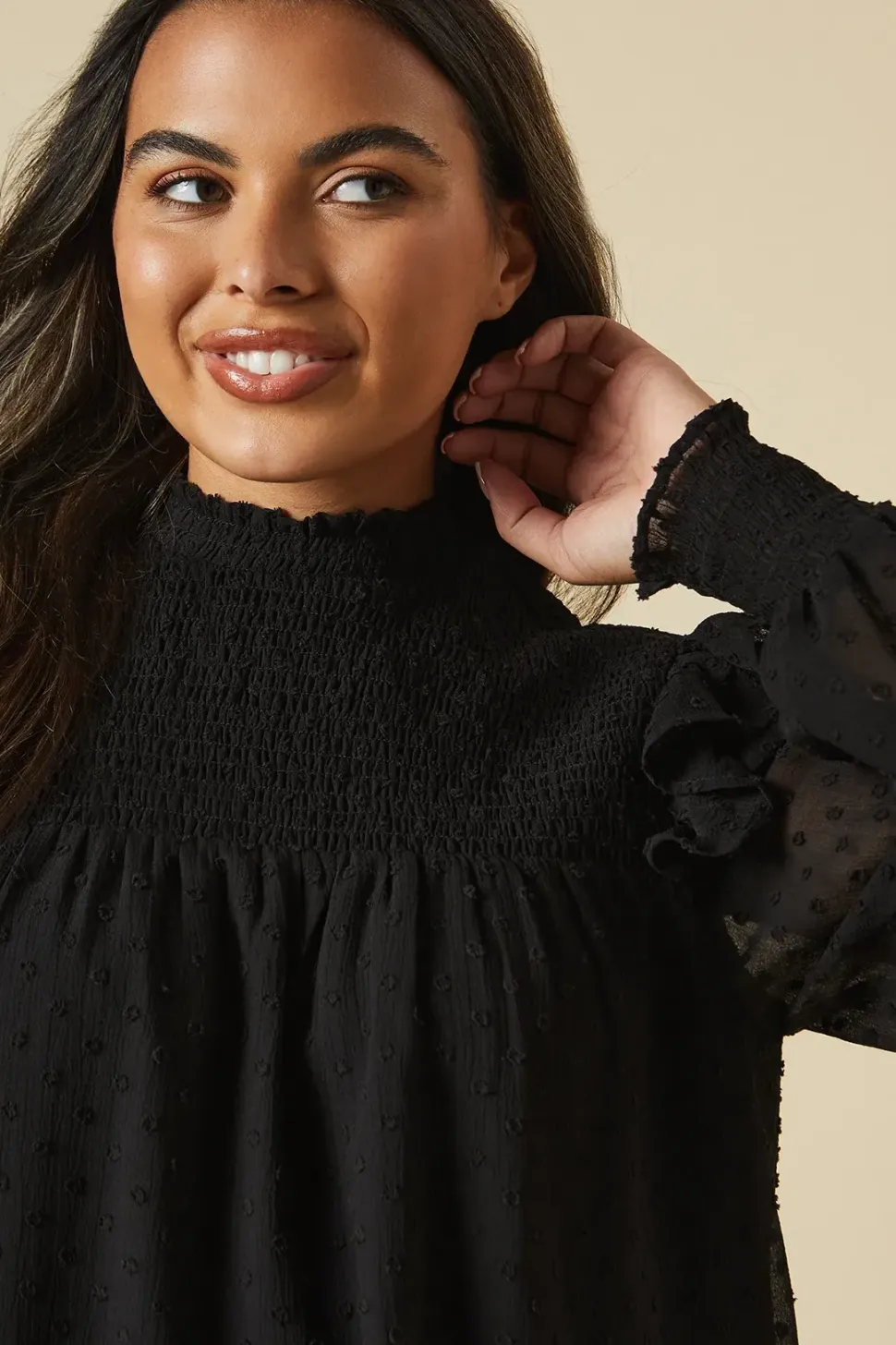 Tall Shirred Yoke Dobby Chiffon Long Sleeve Blouse