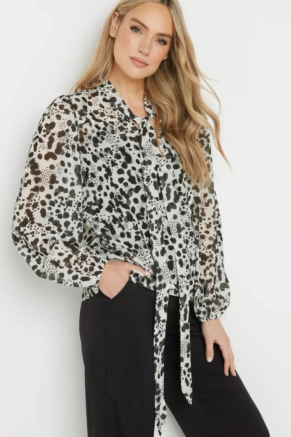 Tall Spot Print Tie Neck Blouse