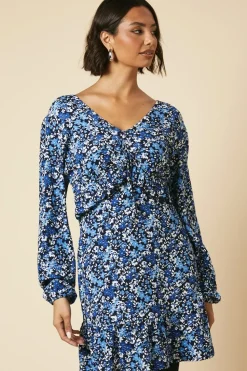 Tall Tie Front ruffle Bust long sleeve Mini dress