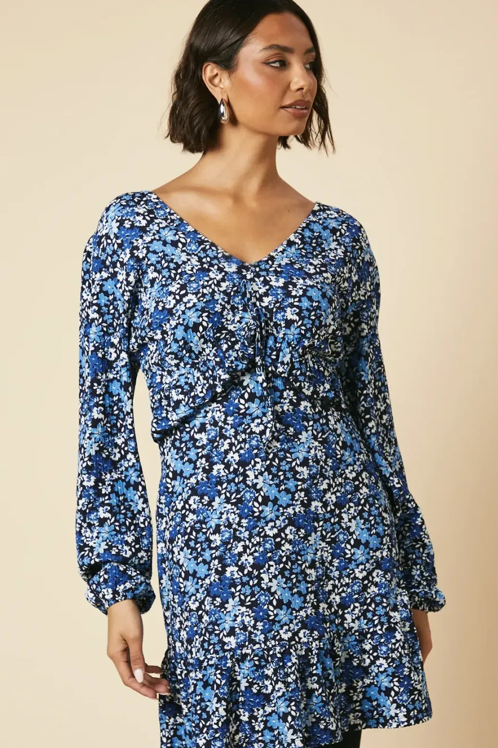 Tall Tie Front ruffle Bust long sleeve Mini dress
