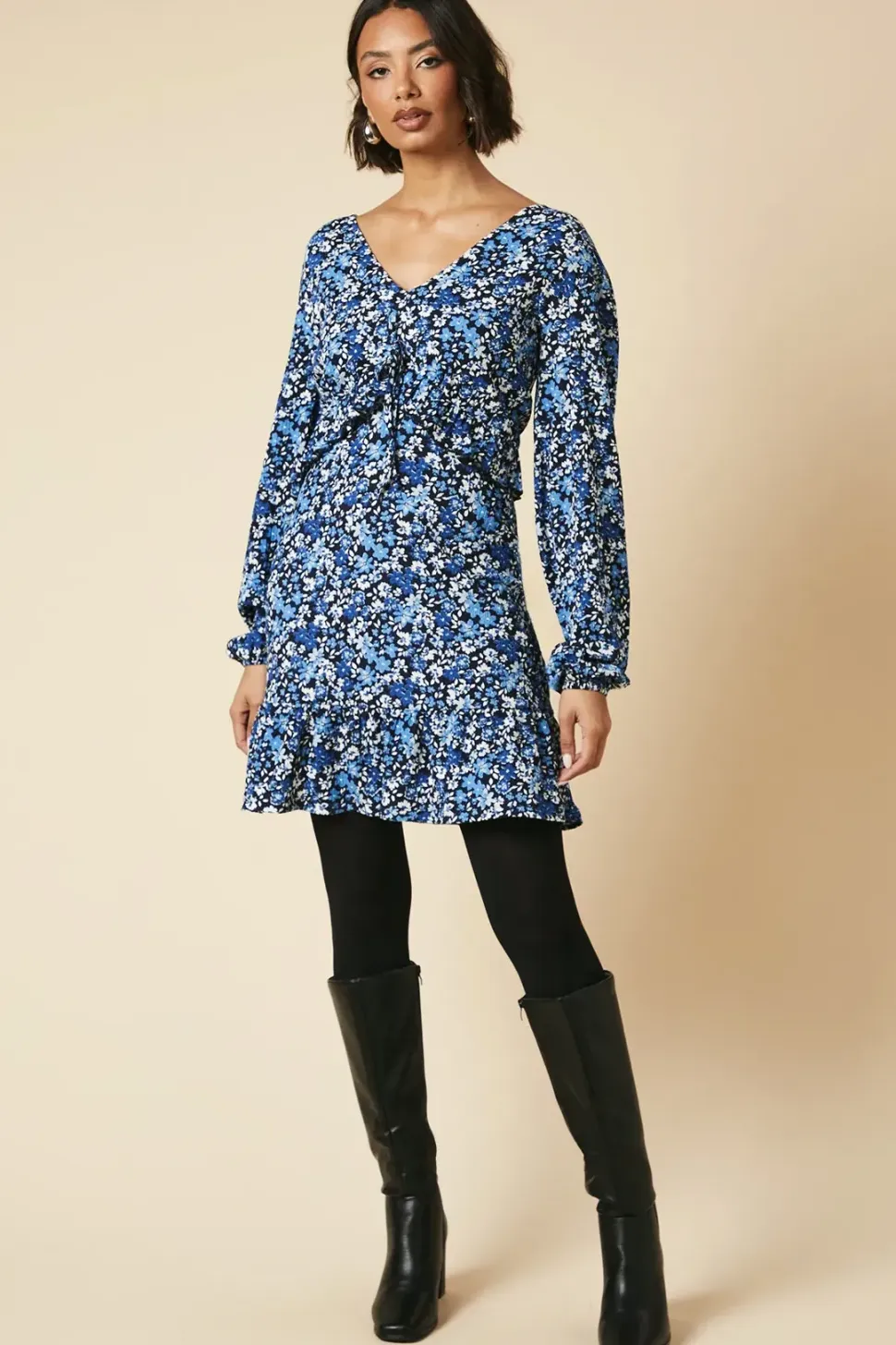 Tall Tie Front ruffle Bust long sleeve Mini dress