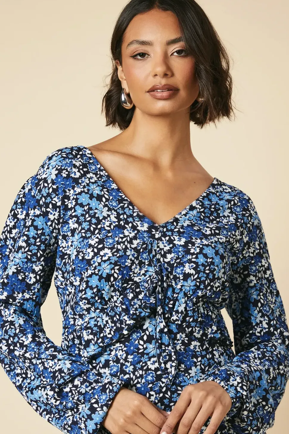 Tall Tie Front ruffle Bust long sleeve Mini dress