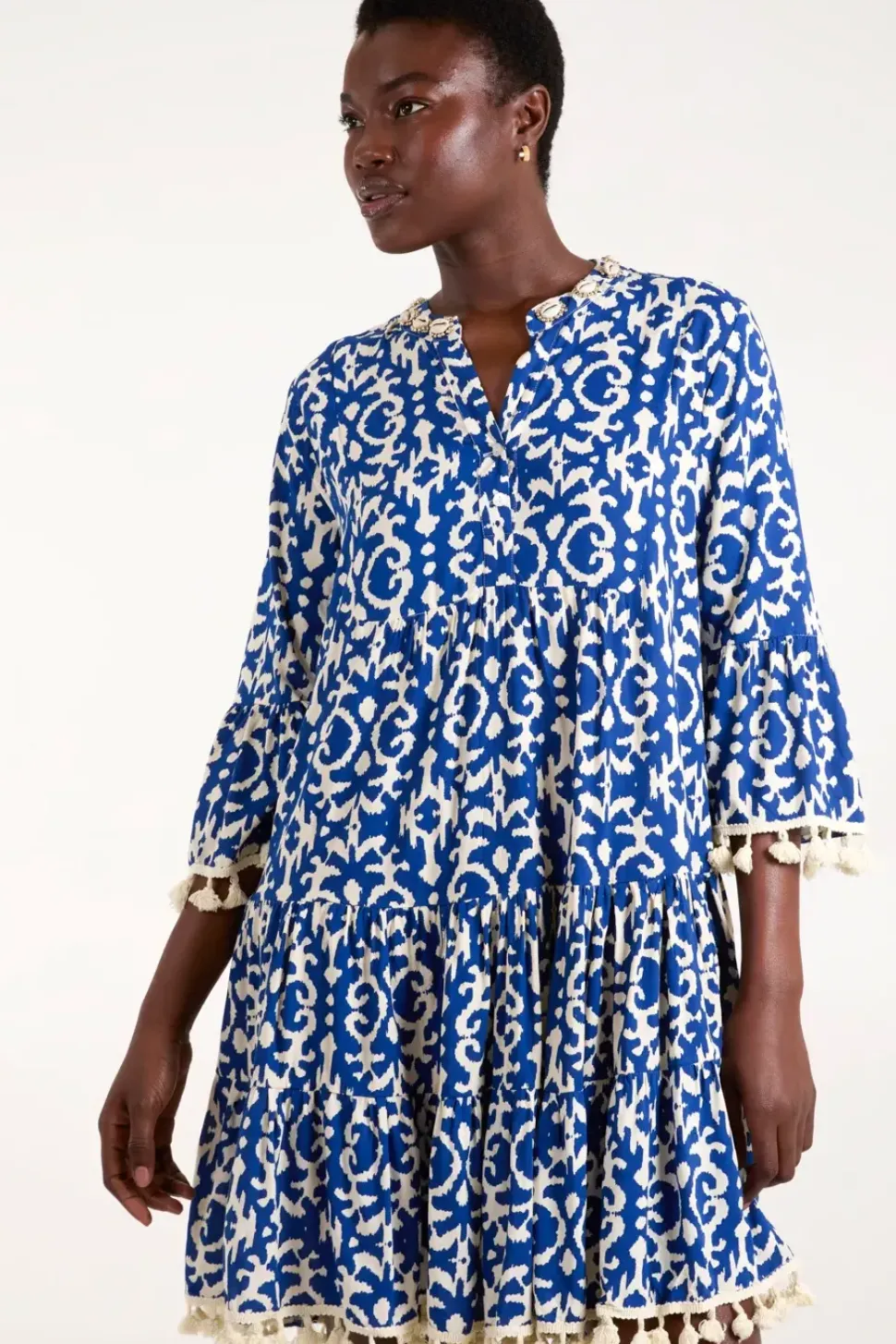 Tassel & Shell Neck Smock Dress