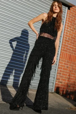 Tassel Beaded Strappy Back Halter Crop Top