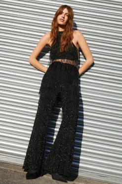 Tassel Beaded Strappy Back Halter Crop Top
