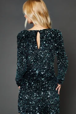 Teal Ruched Velvet Sequin Mini Dress