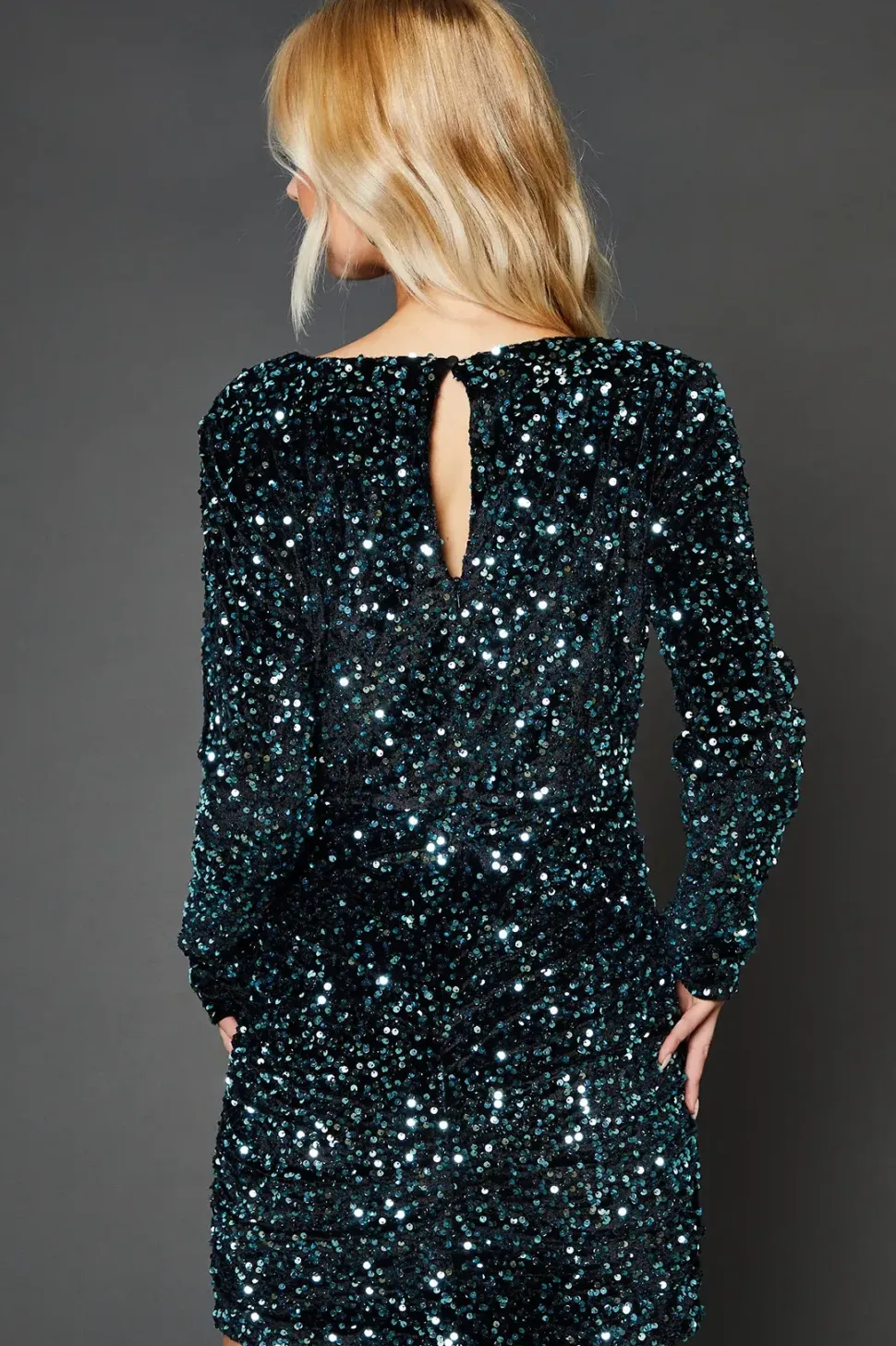 Teal Ruched Velvet Sequin Mini Dress