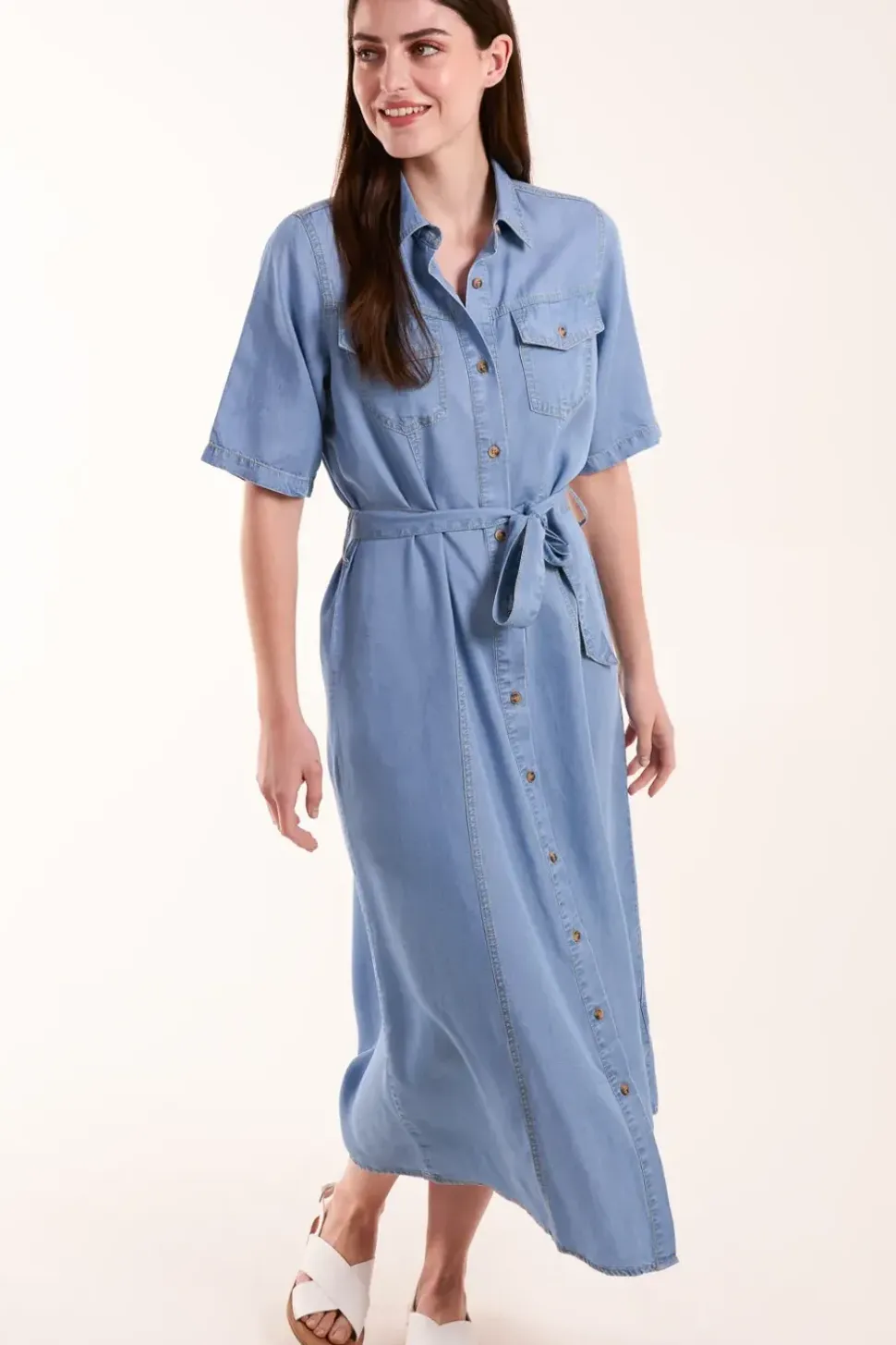 Tencel Button Front Midi Shirt Dress