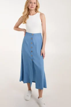 Tencel Button Front Midi Skirt