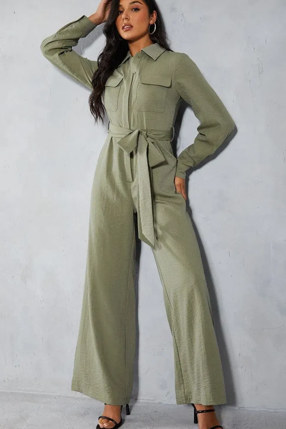 Textured Belted Wide Leg Jumpsuit