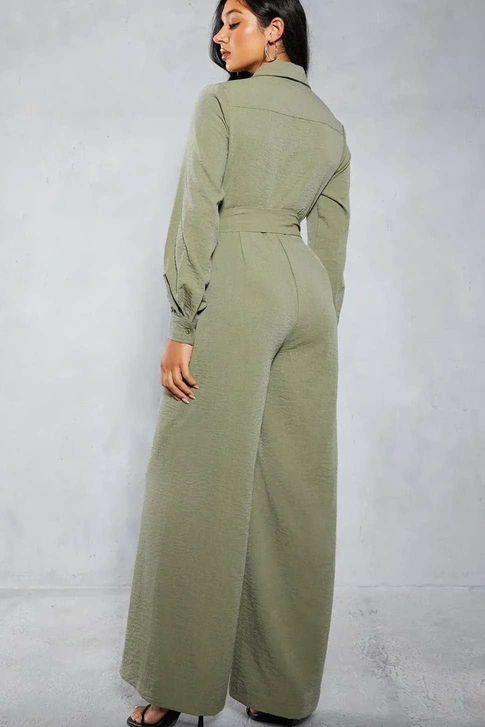 Textured Belted Wide Leg Jumpsuit