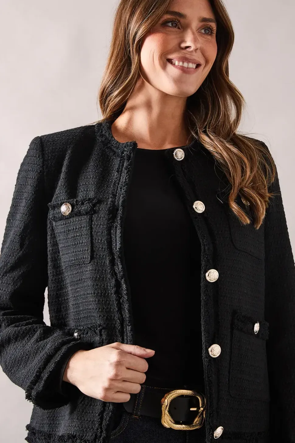 Textured Button Through Collarless Jacket