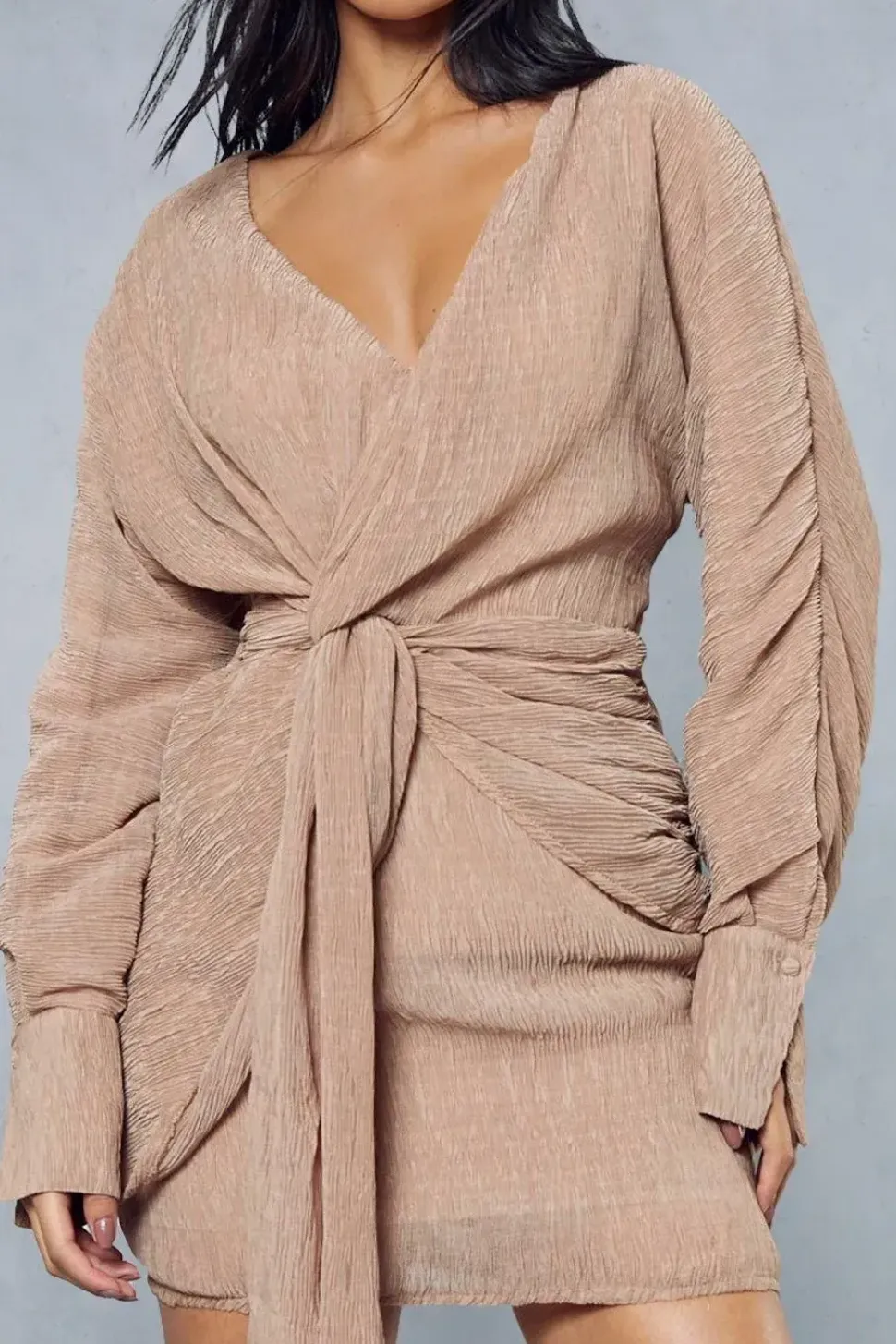Textured Crinkle Twist Front Plunge Mini Shirt Dress