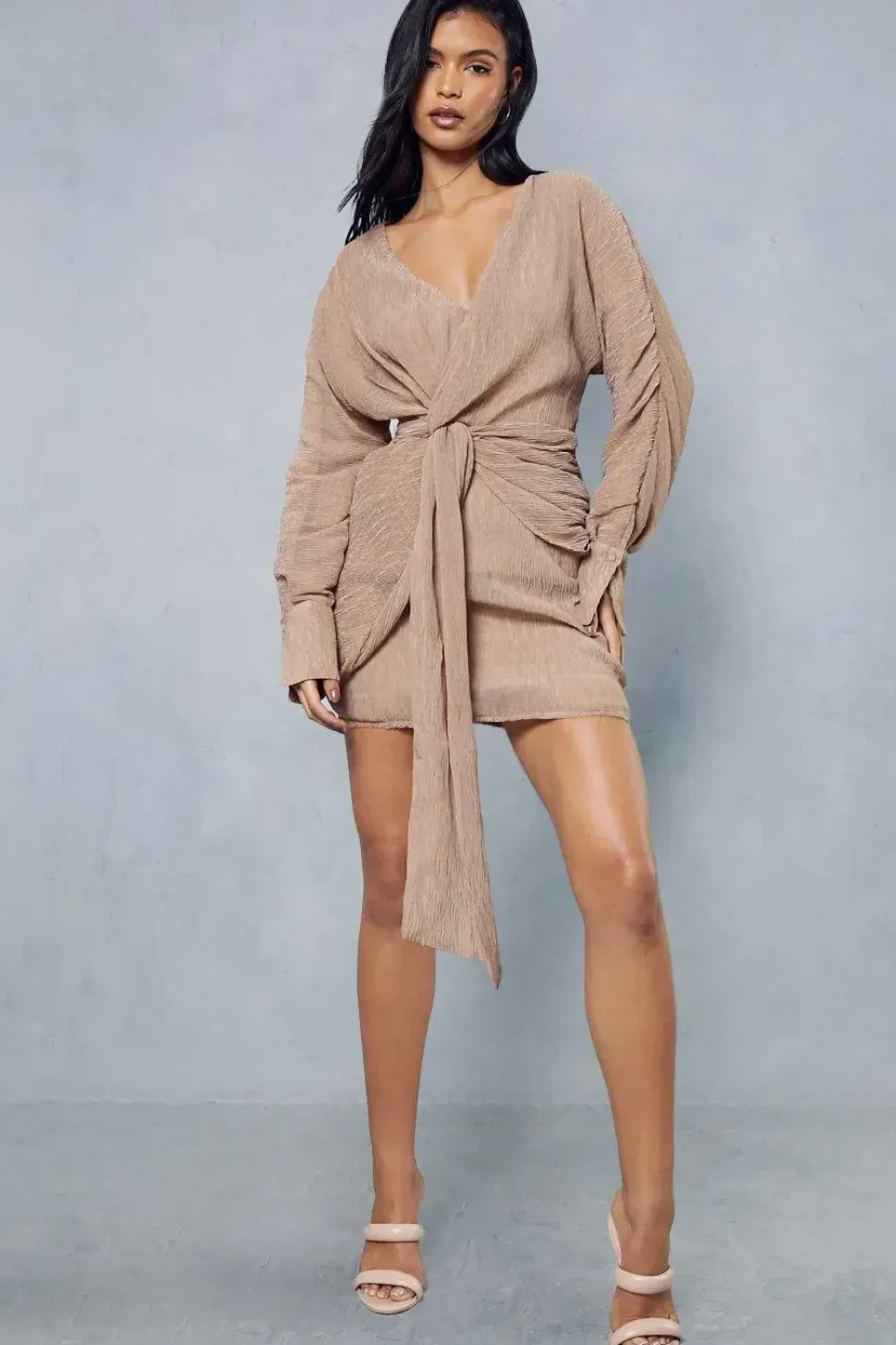 Textured Crinkle Twist Front Plunge Mini Shirt Dress