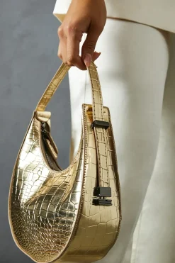 Textured Croc Print Faux Leather Grab Bag