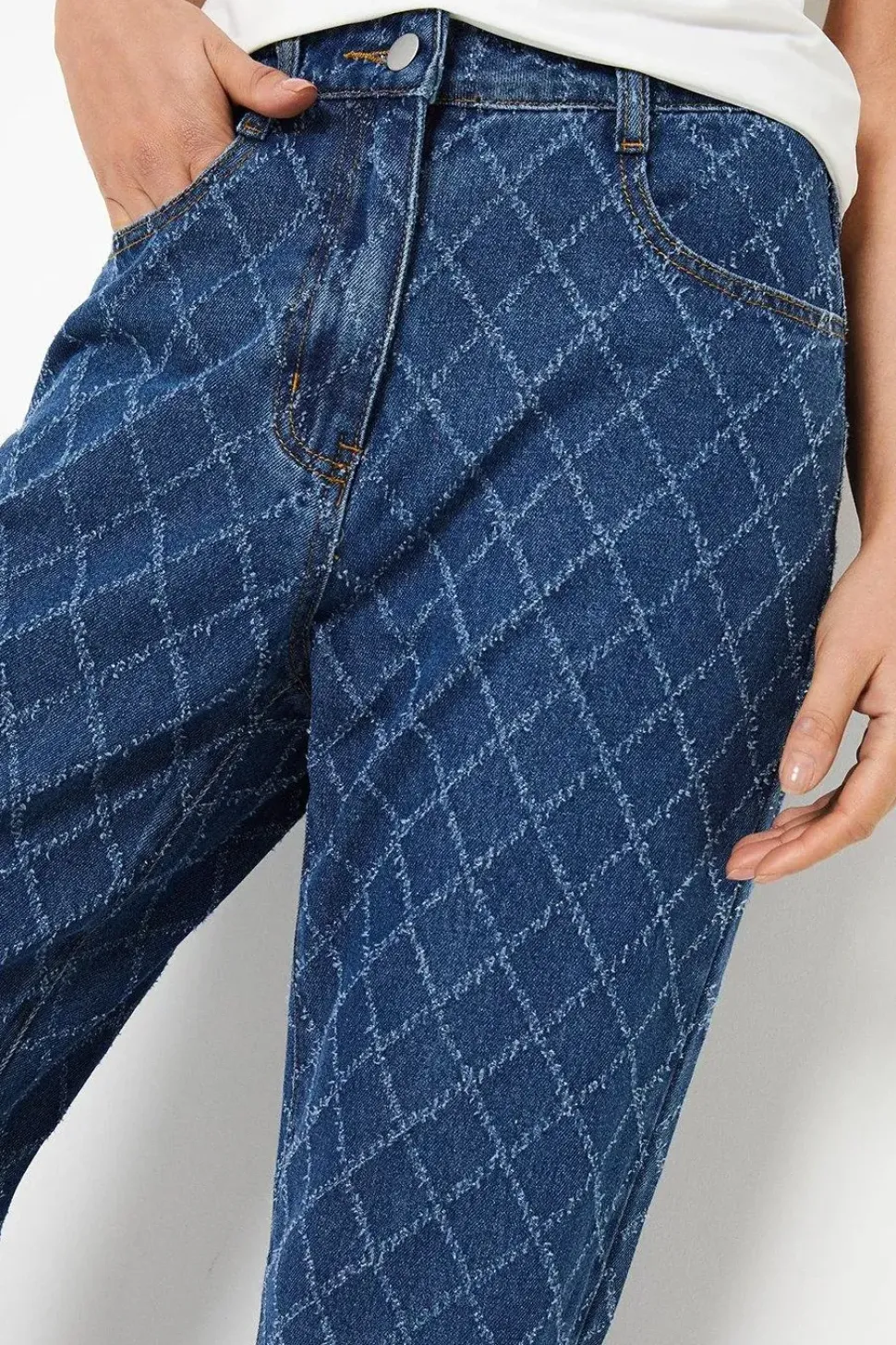 Textured Denim Straight Leg Jeans