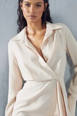 Textured Drape Detail Split Sleeve Mini Shirt Dress