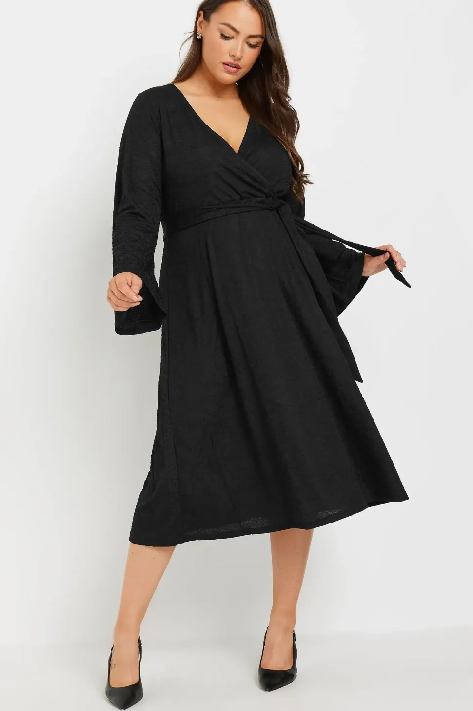 Textured Flare Sleeve Wrap Dress