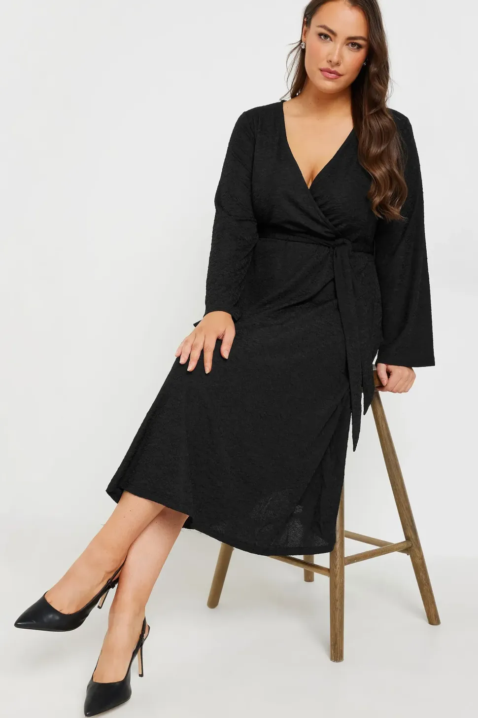 Textured Flare Sleeve Wrap Dress