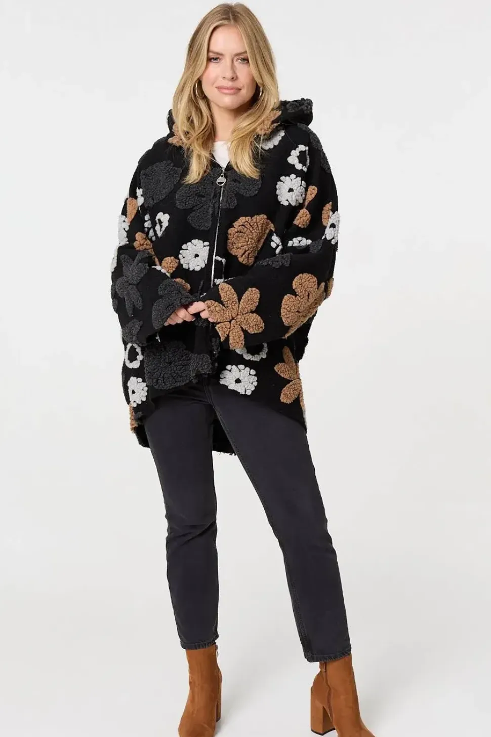 Textured Floral Longline Hoodie Coat