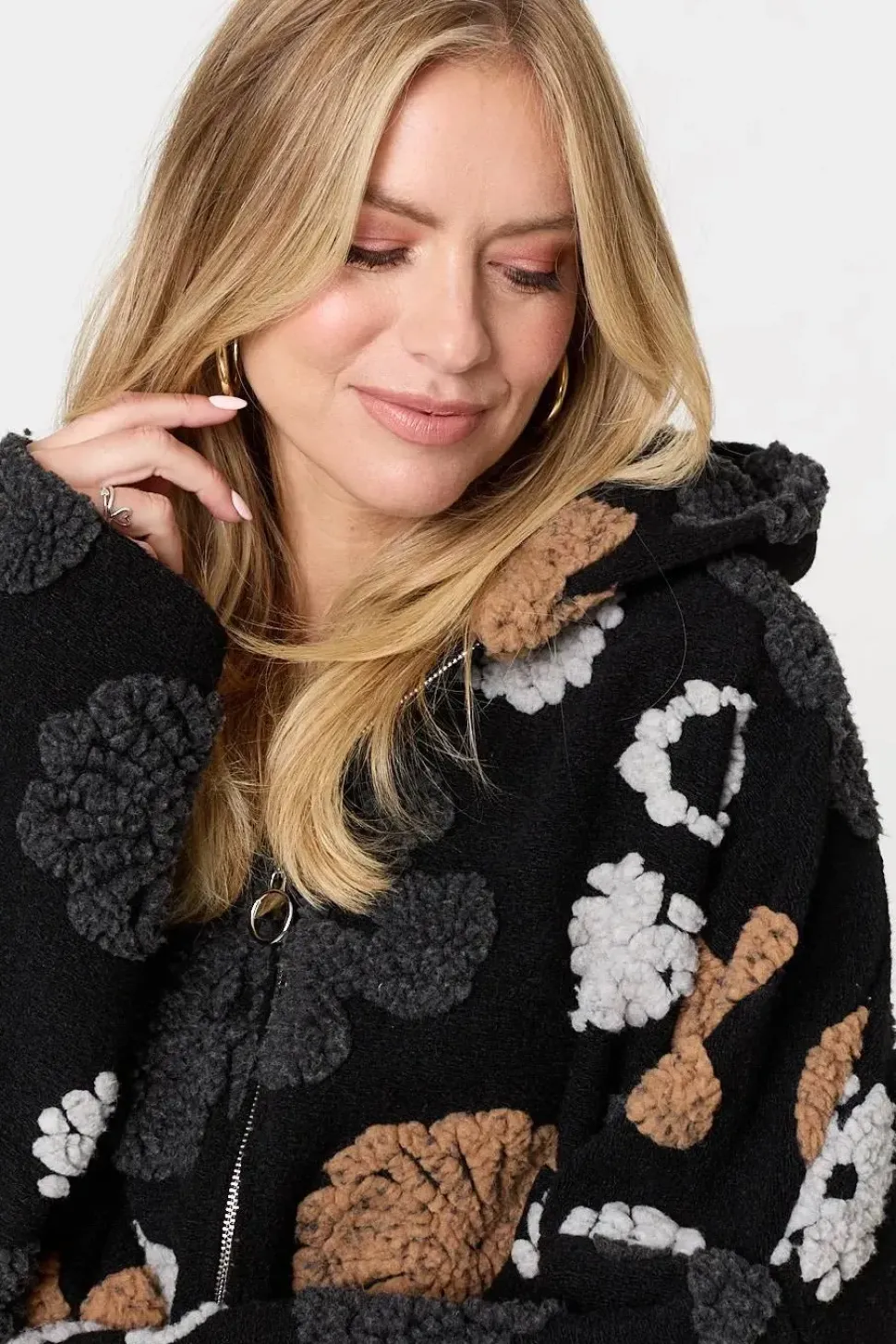 Textured Floral Longline Hoodie Coat