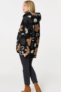 Textured Floral Longline Hoodie Coat