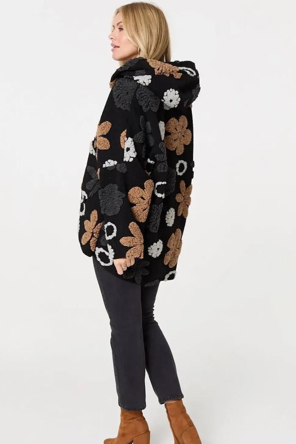 Textured Floral Longline Hoodie Coat
