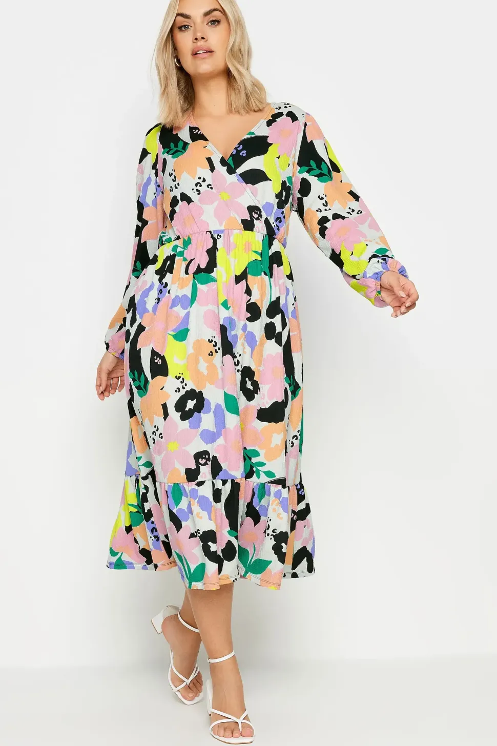 Textured Floral Print Wrap Dress