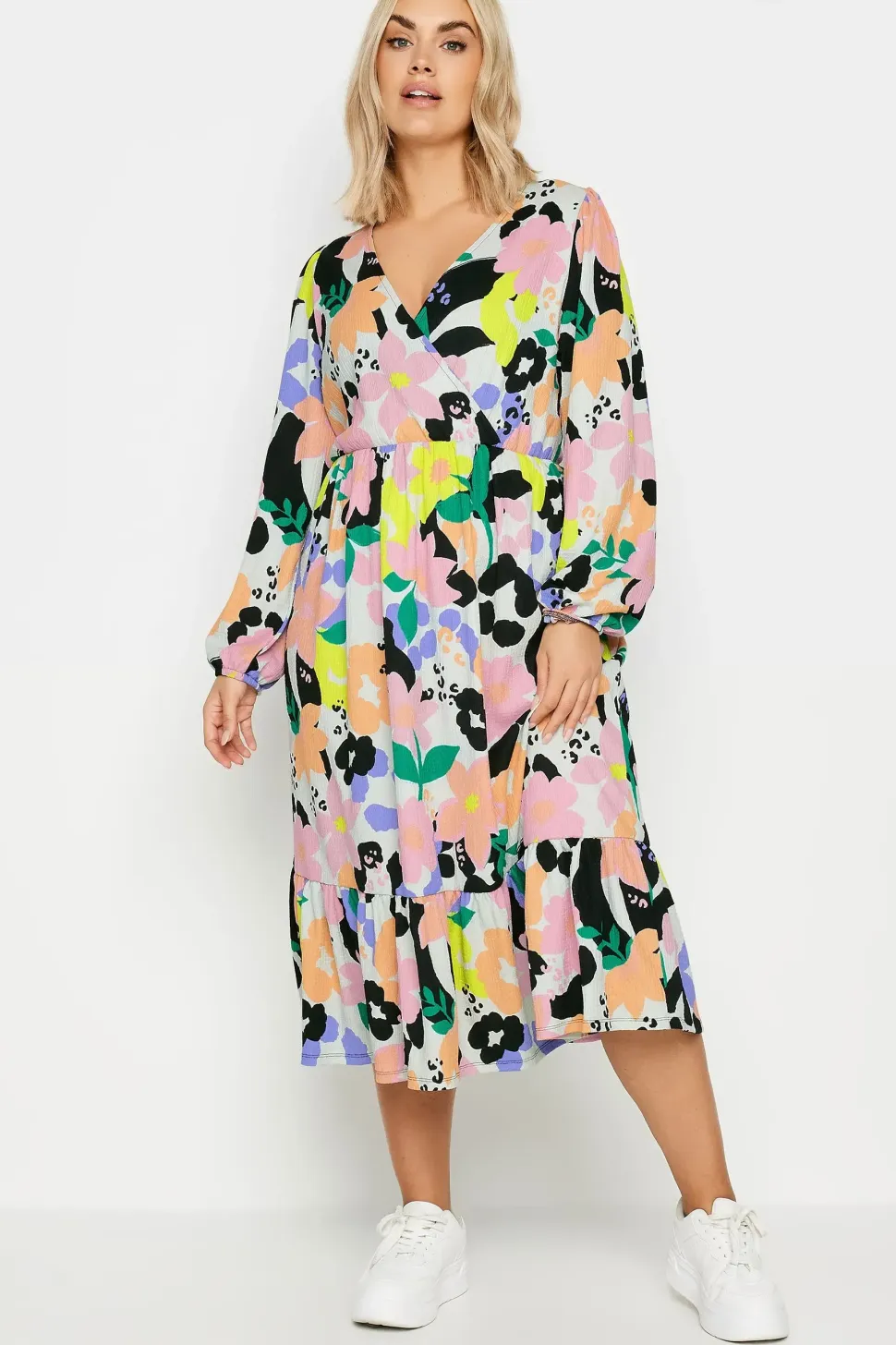 Textured Floral Print Wrap Dress