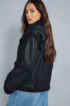 Textured Leather Look Borg Zipped Jacket